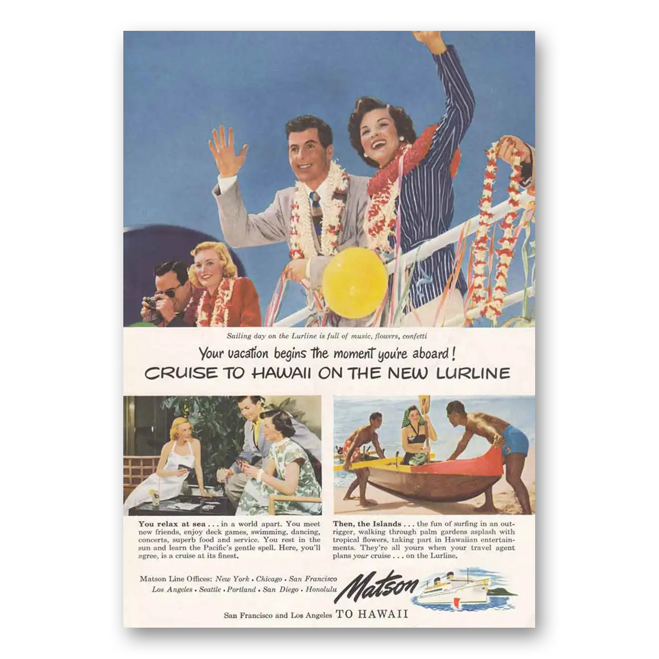 1949 Matson Line Sailing Day on the Lurline Vintage Magazine Print Ad