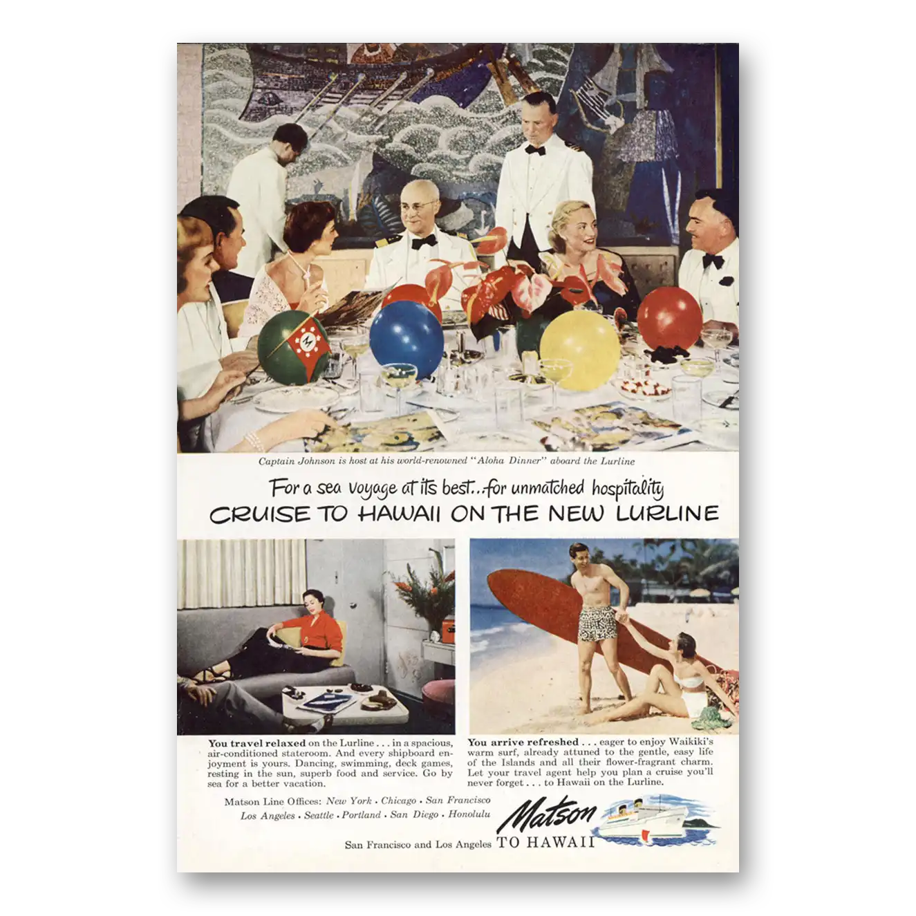 1949 Matson Line Cruise to Hawaii On the New Lurline Vintage Magazine Print Ad