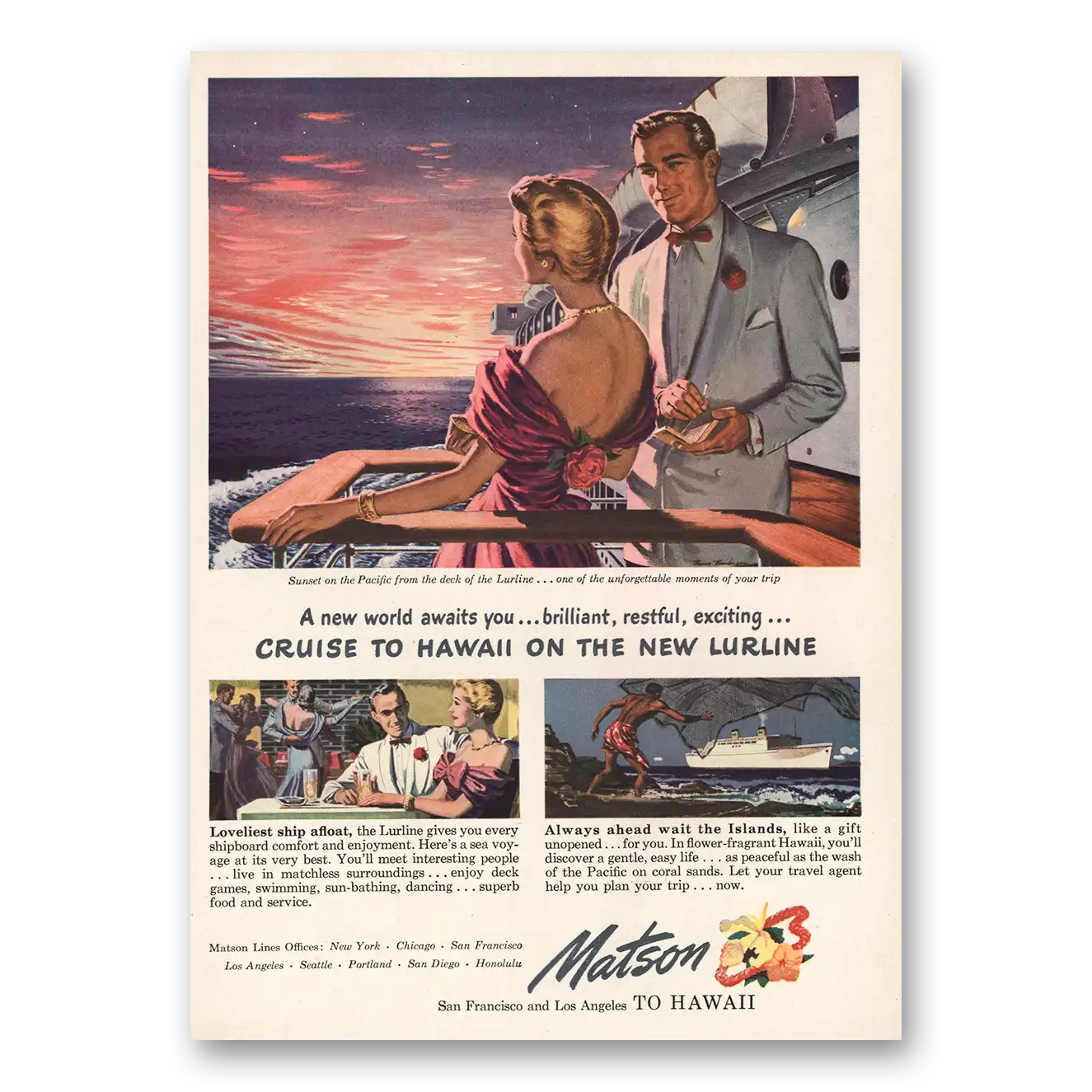 1949 Matson Line Cruise to Hawaii Lurline Vintage Magazine Print Ad