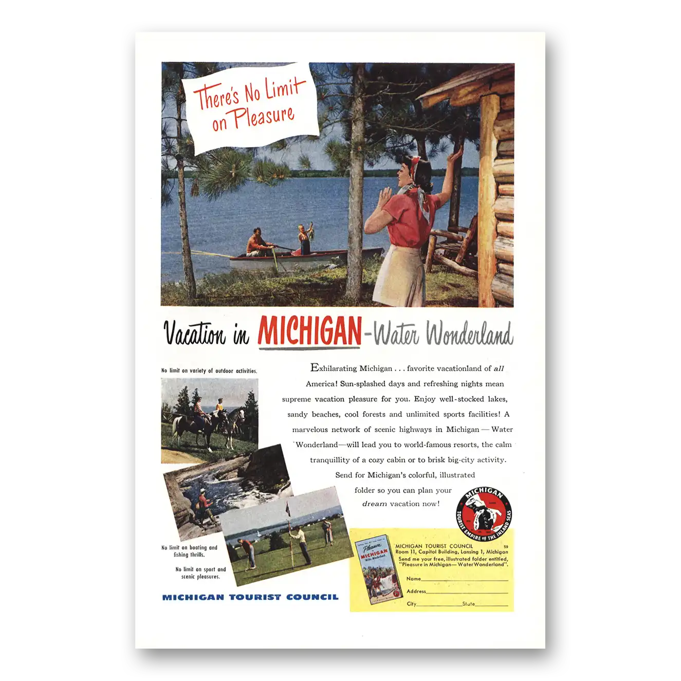 1949 Michigan Water Wonderland Cabin Vintage Magazine Print Ad