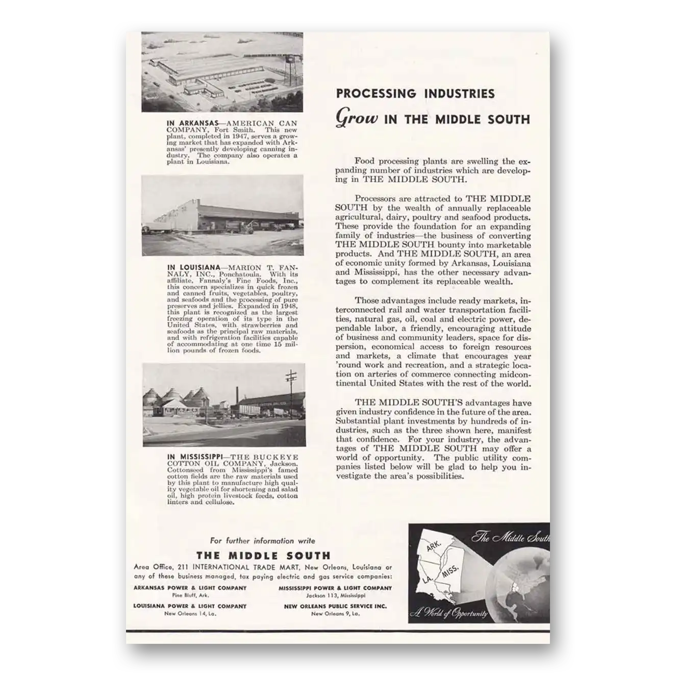 1949 Middle South Utilities Processing Industries Vintage Magazine Print Ad