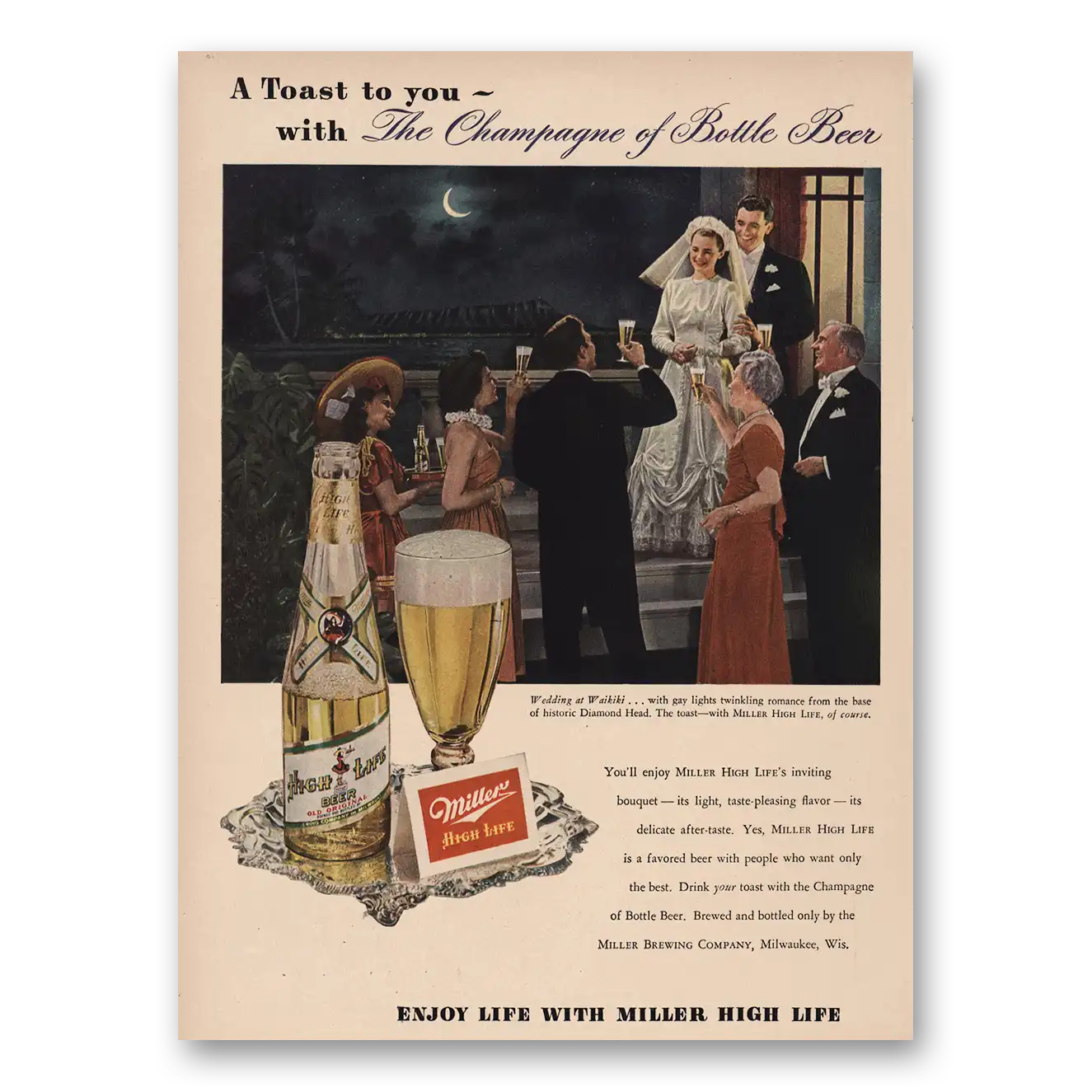 1949 Miller Beer Toast To You Champagne of Bottle Beer Vintage Magazine Print Ad