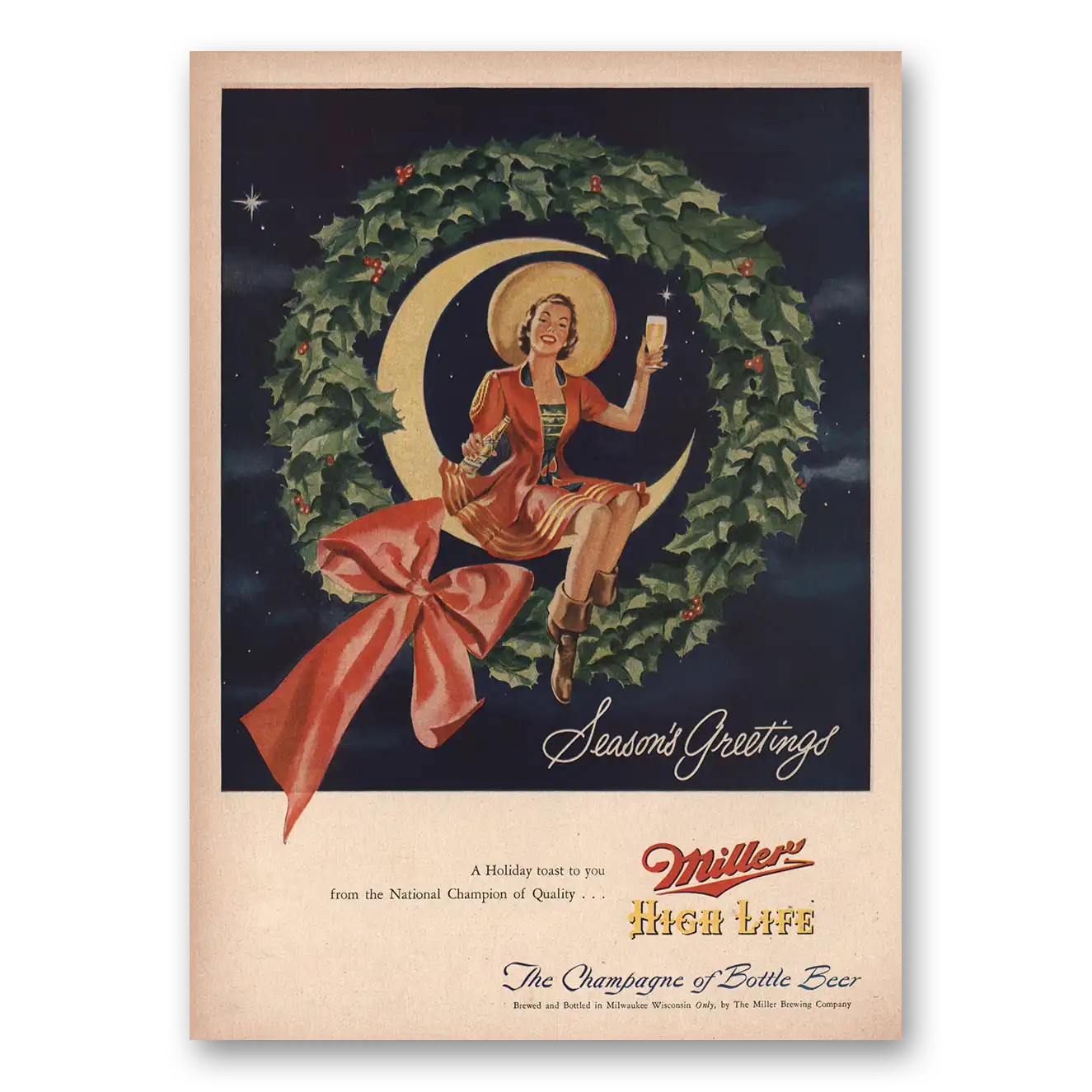 1949 Miller Beer Seasons Greetings Vintage Magazine Print Ad