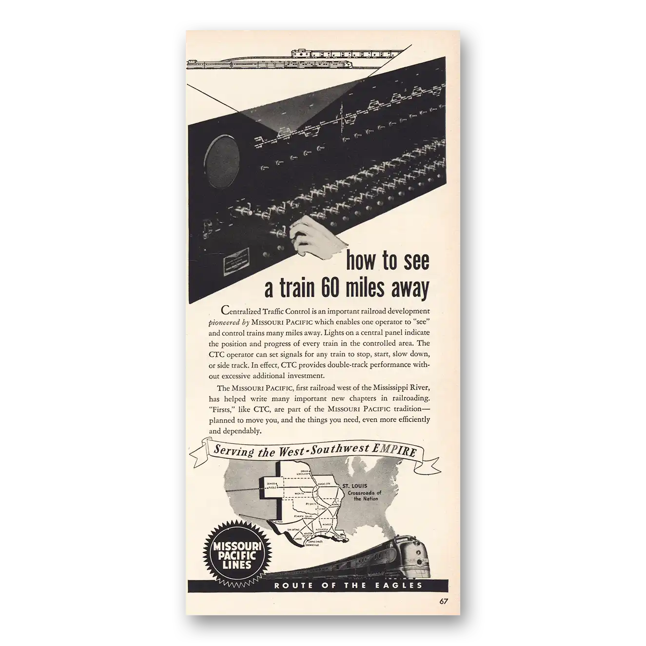 1949 Missouri Pacific Lines See Train 60 Miles Away Vintage Magazine Print Ad