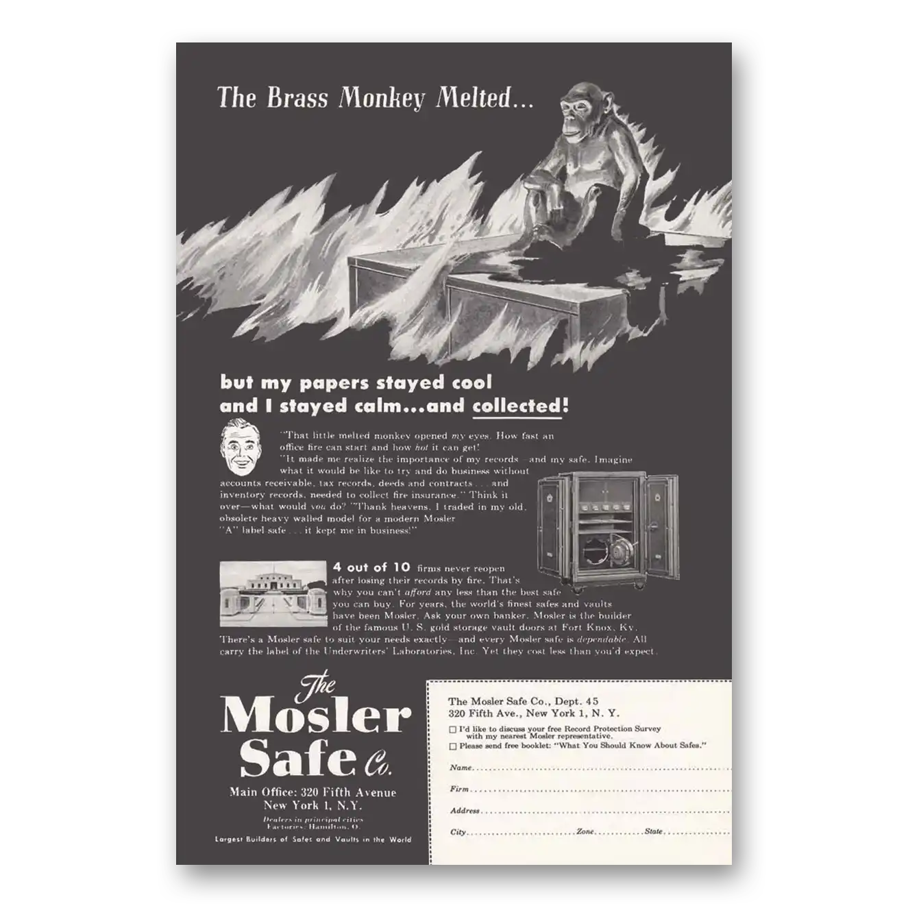 1949 Mosler Safe Brass Monkey Melted Vintage Magazine Print Ad