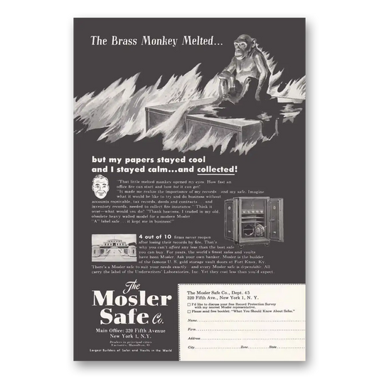 1949 Mosler Safe Brass Monkey Melted Vintage Magazine Print Ad