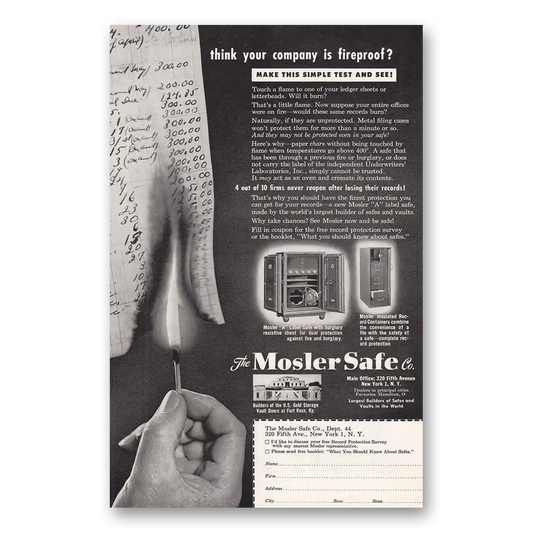 1949 Mosler Safe Think Your Company Is Fireproof Vintage Magazine Print Ad