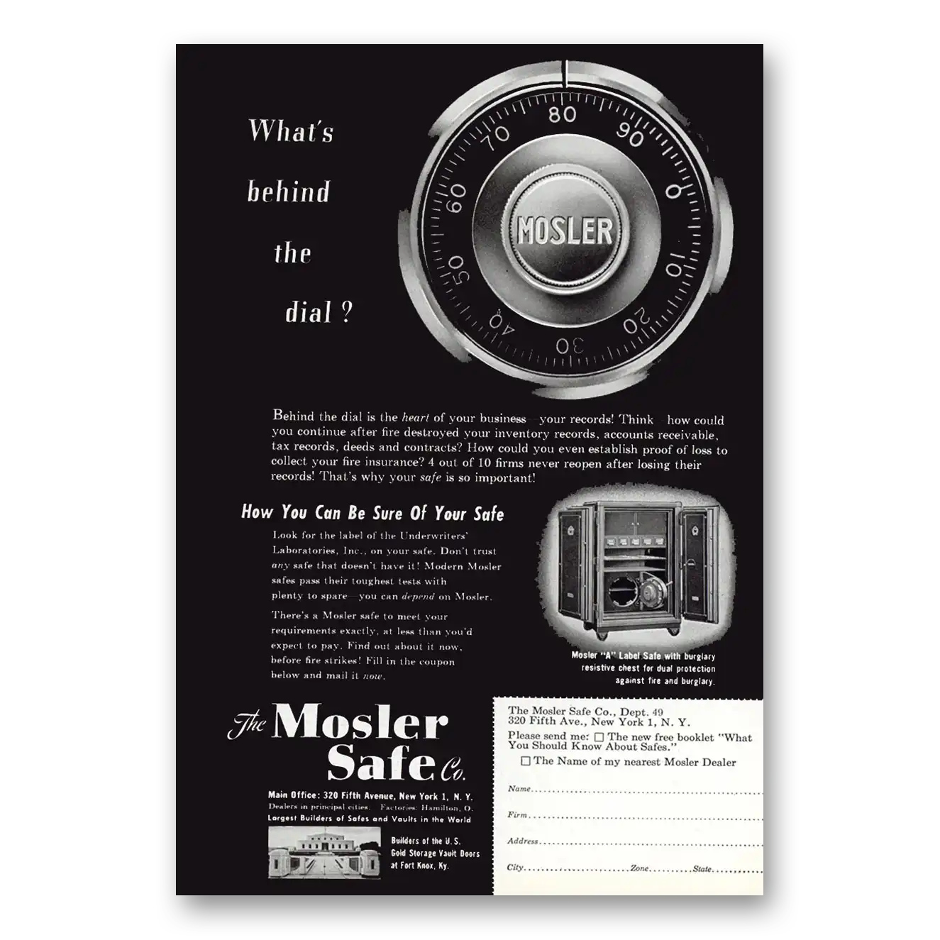 1949 Mosler Safe What's Behind the Dial Vintage Magazine Print Ad