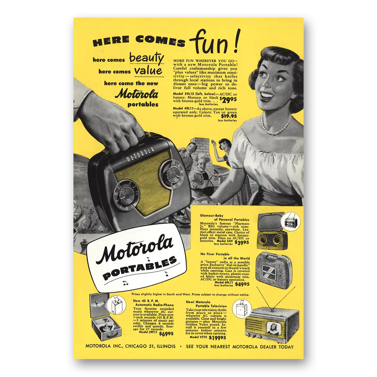 1949 Motorola Radio Here Comes Fun Beauty Vintage Magazine Print Ad