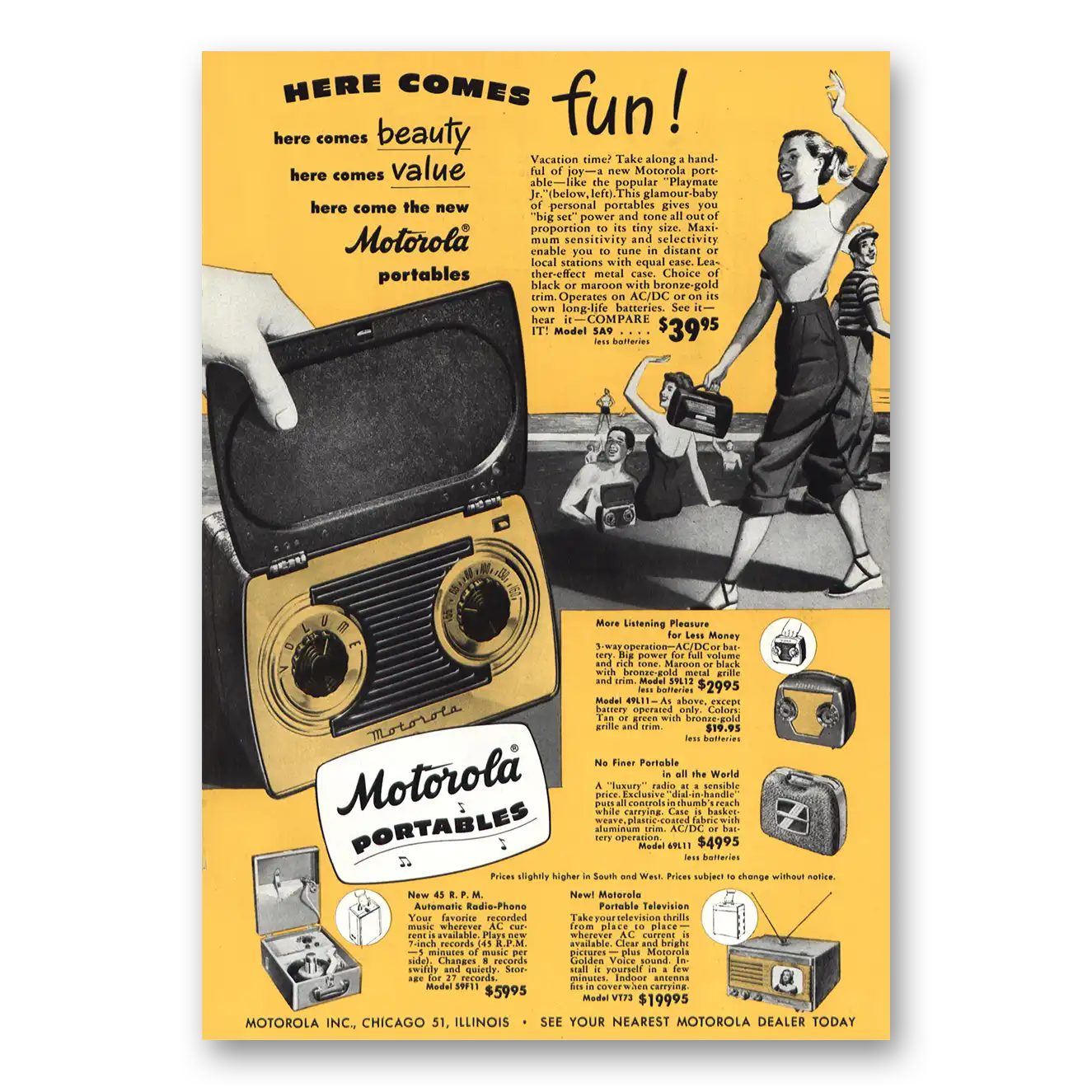 1949 Motorola Radio Portables Here Comes Fun Vintage Magazine Print Ad