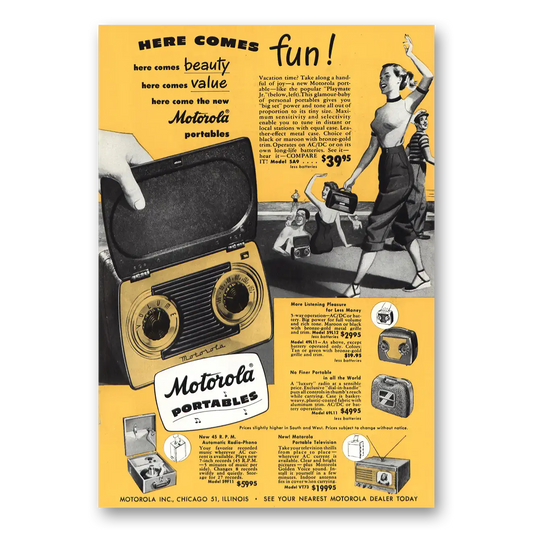 1949 Motorola Radio Portables Here Comes Fun Vintage Magazine Print Ad