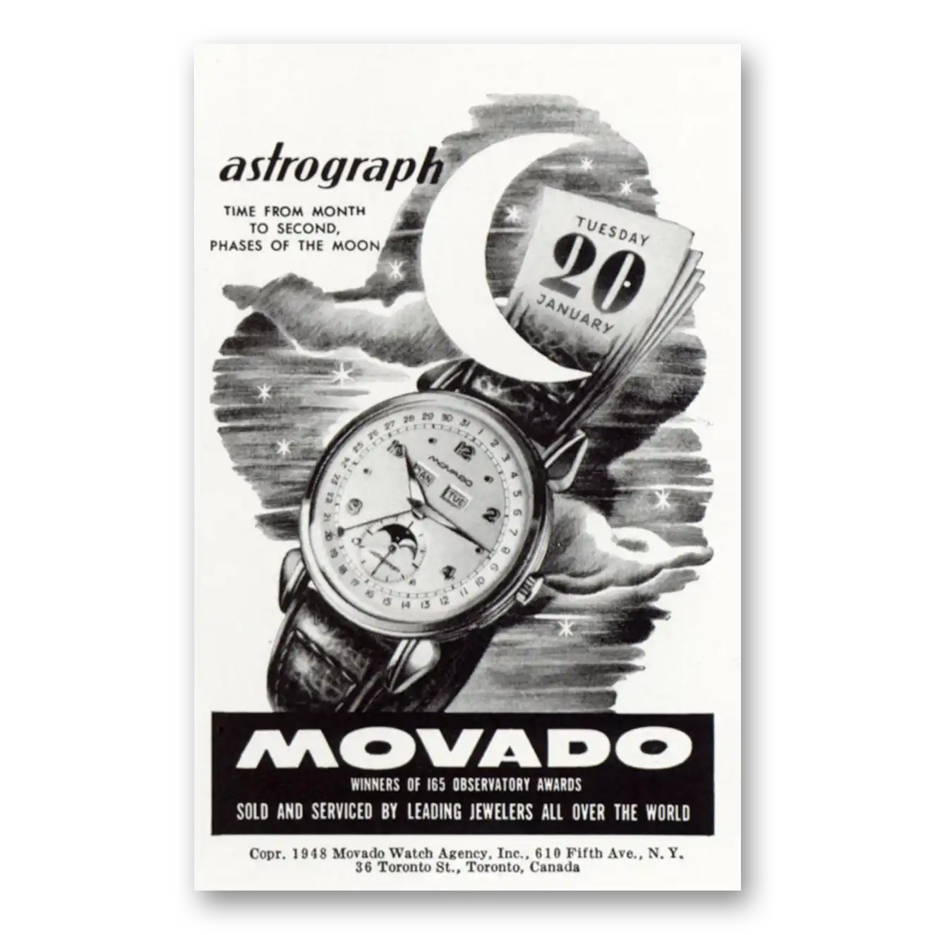 1949 Movado Watch Astrograph Time From Month to Second Vintage Magazine Print Ad