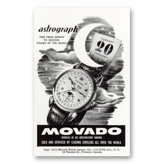 1949 Movado Watch Astrograph Time From Month to Second Vintage Magazine Print Ad