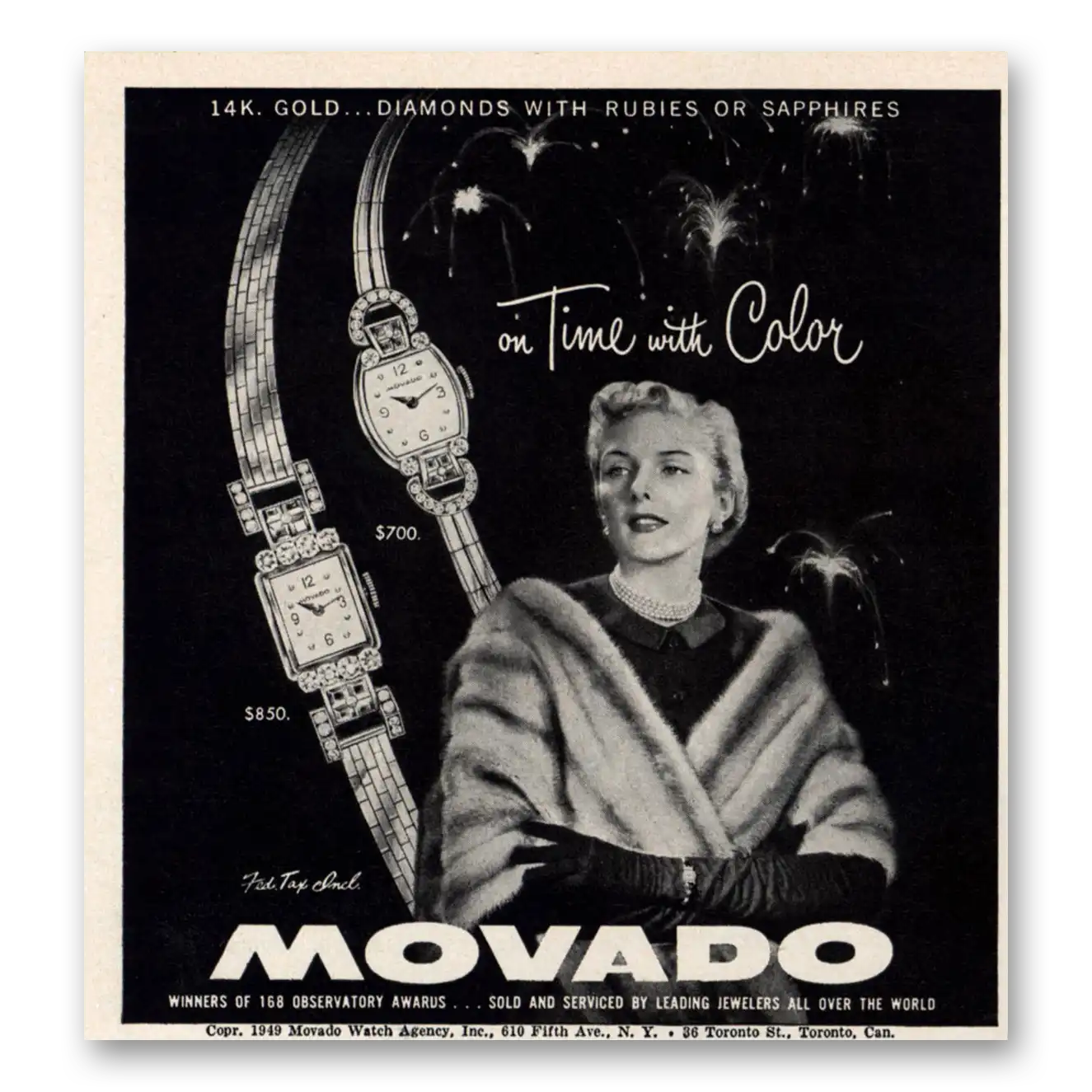 1949 Movado Watch On Time With Color Vintage Magazine Print Ad