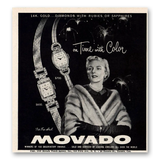 1949 Movado Watch On Time With Color Vintage Magazine Print Ad