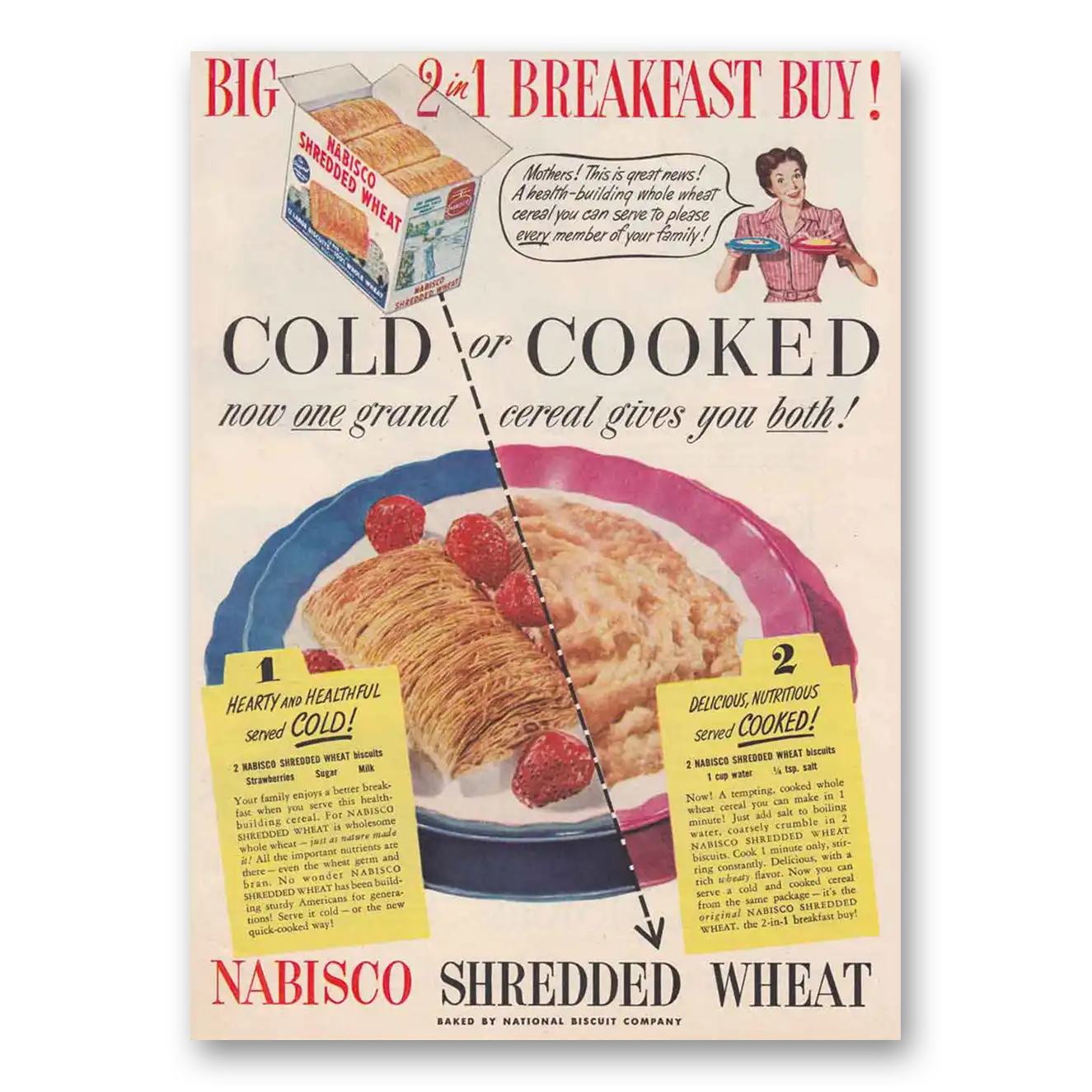 1949 Shredded Wheat Cold or Cooked Vintage Magazine Print Ad