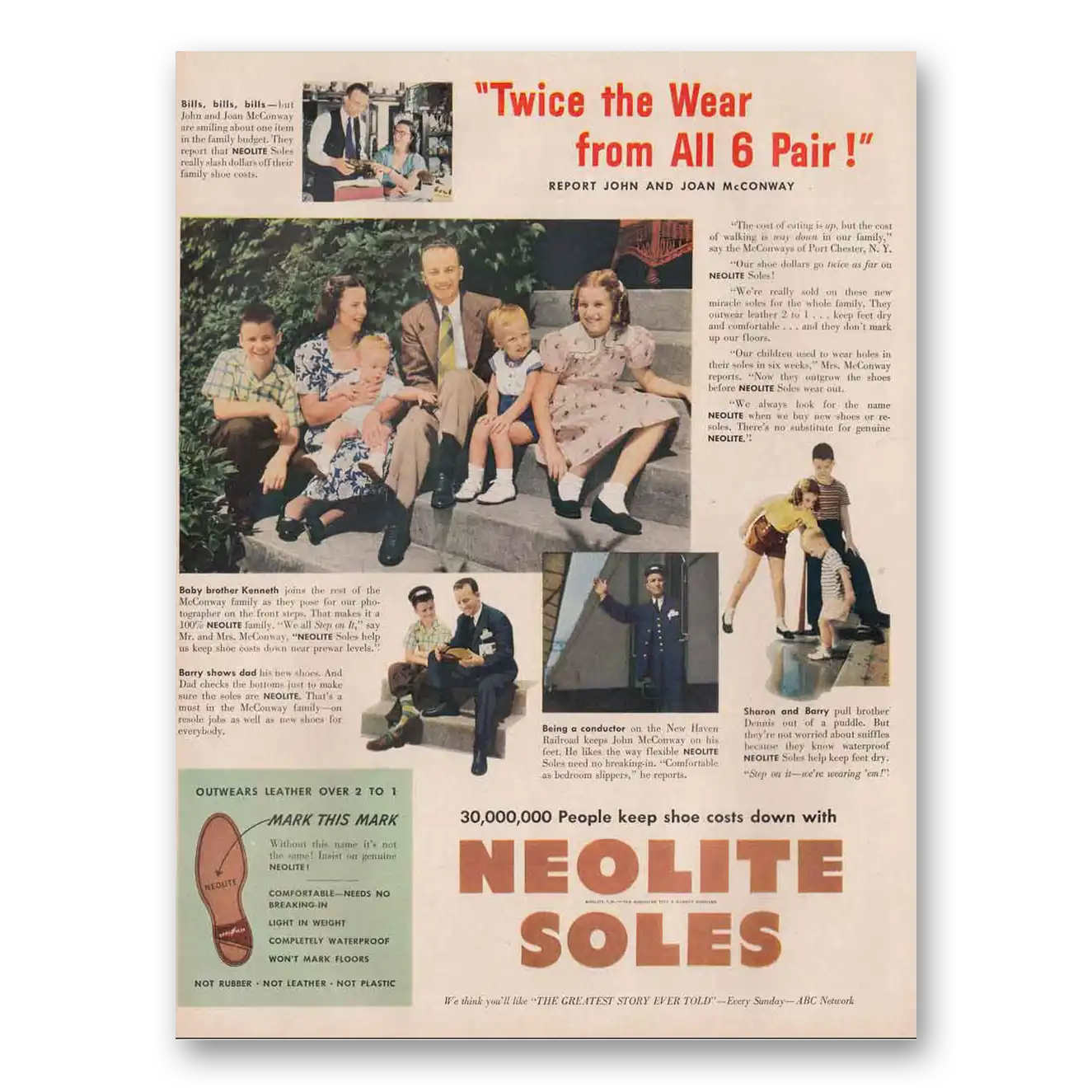 1949 Neolite Soles Twice the Wear Vintage Magazine Print Ad