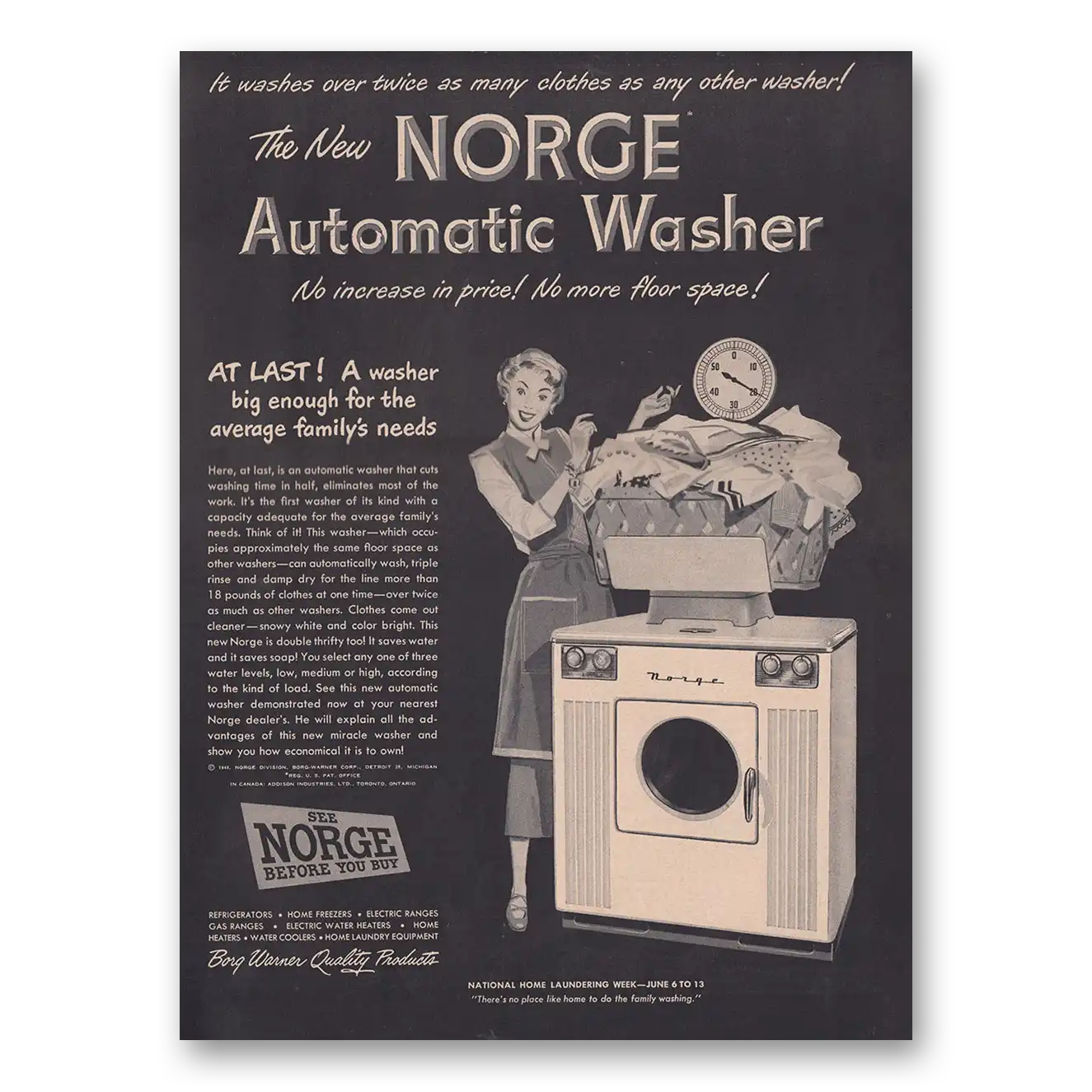 1949 Norge Washer Big Enough for the Average Familys Needs Vintage Magazine Print Ad