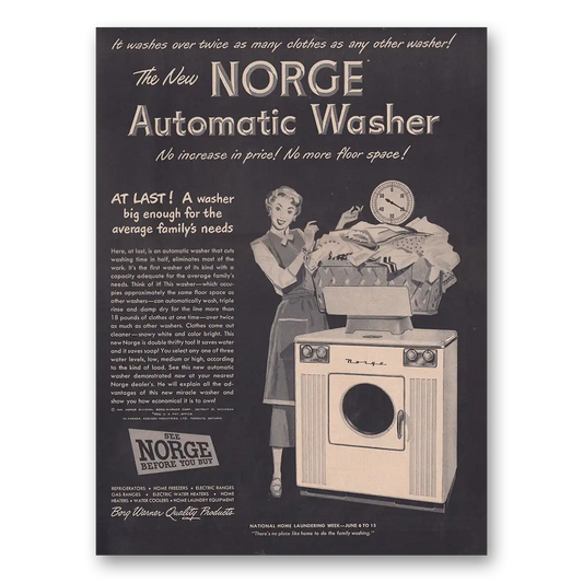 1949 Norge Washer Big Enough for the Average Familys Needs Vintage Magazine Print Ad