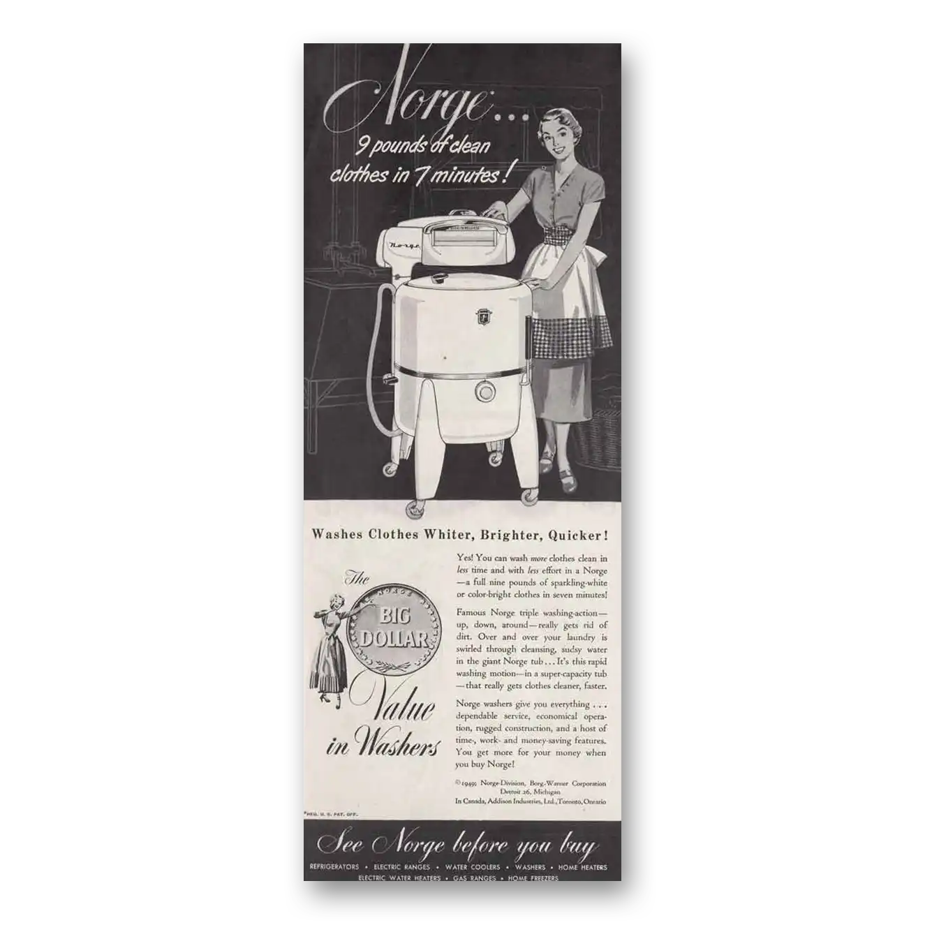 1949 Norge Washer Washing Machine 9 Pounds of Clean Clothes Vintage Magazine Print Ad