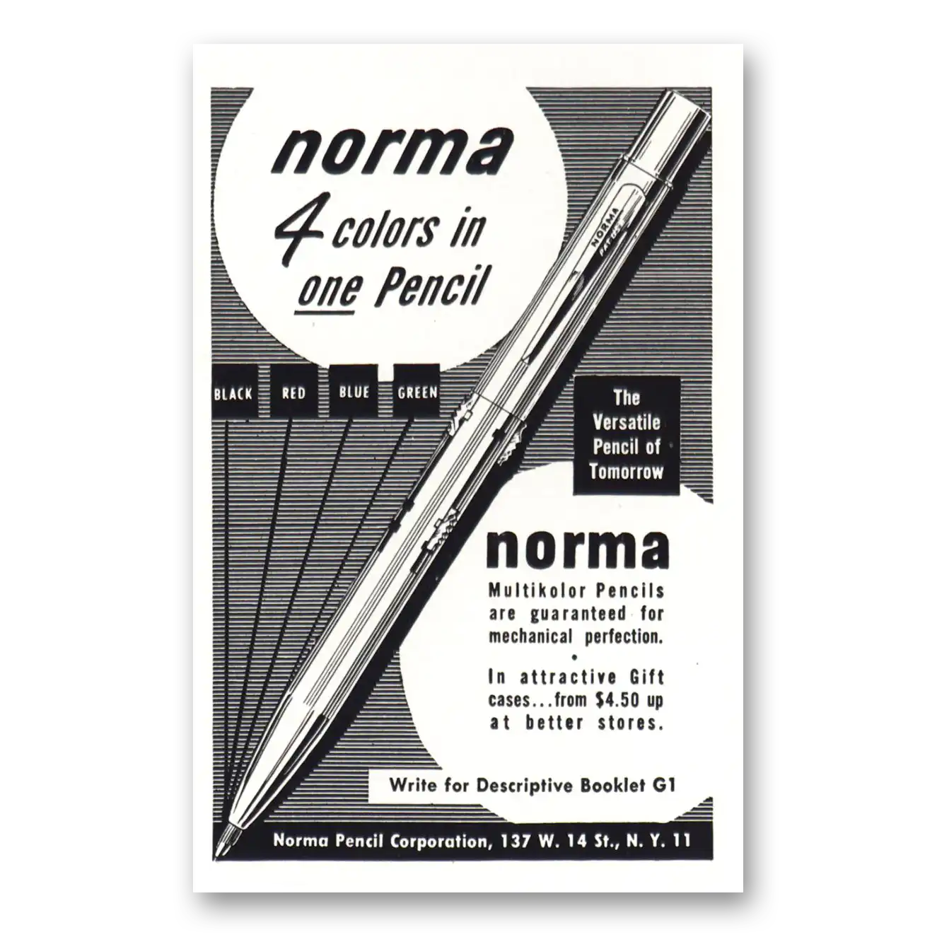 1949 Norma Pencil 4 Colors In One Pencil Vintage Magazine Print Ad