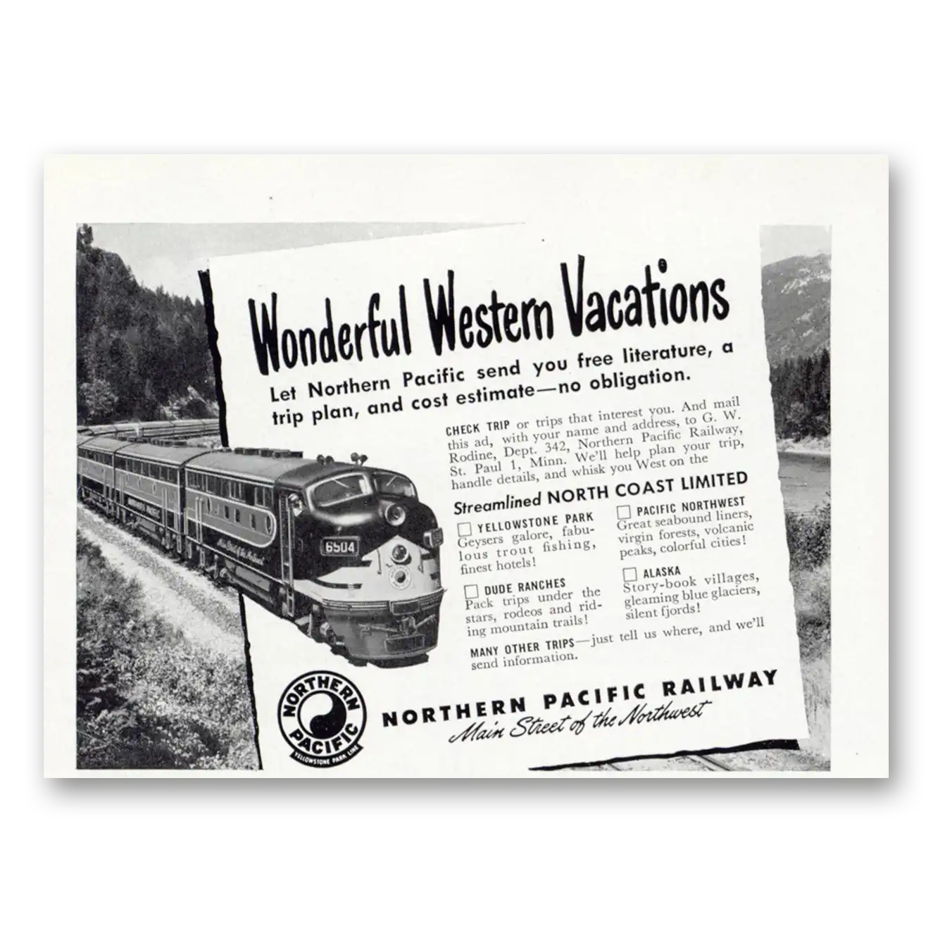 1949 Northern Pacific Railway Wonderful Western Vacations Vintage Magazine Print Ad