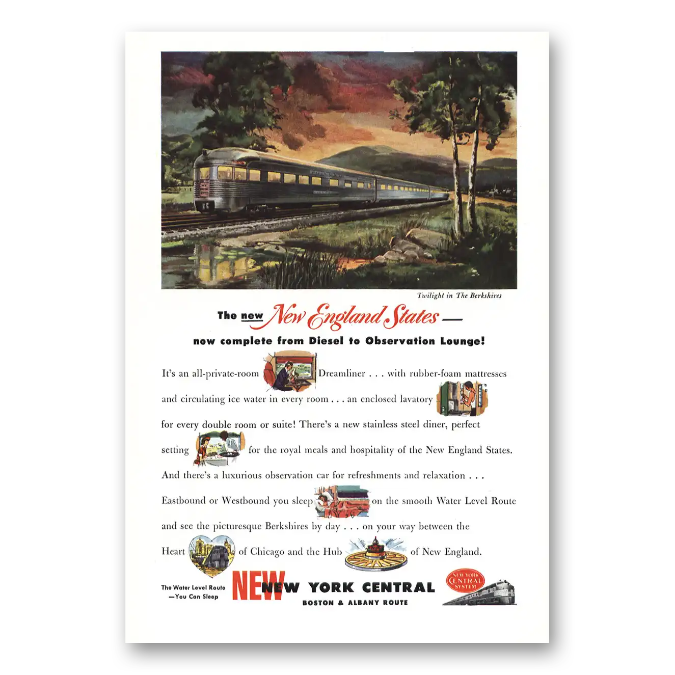 1949 New York Central Twilight in the Berkshires Vintage Magazine Print Ad