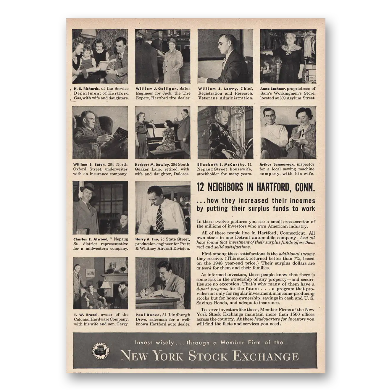 1949 New York Stock Exchange Neighbors In Hartford CT Vintage Magazine Print Ad