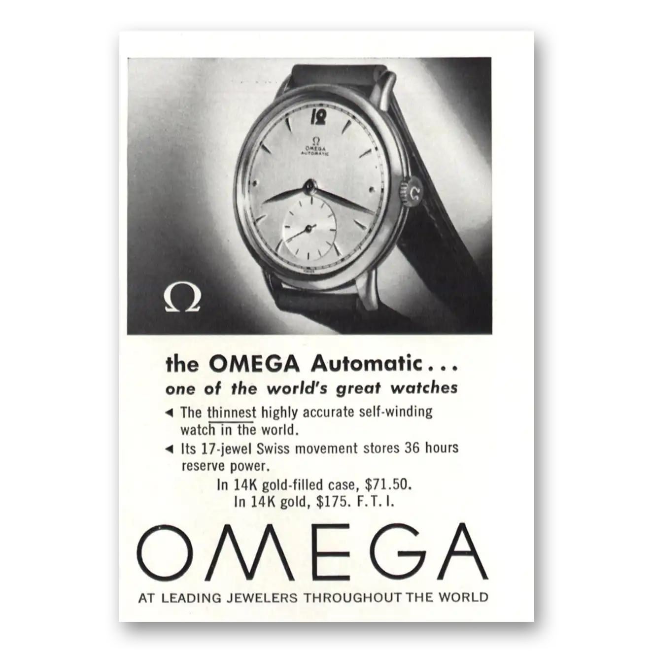 1949 Omega Watch Automatic Vintage Magazine Print Ad