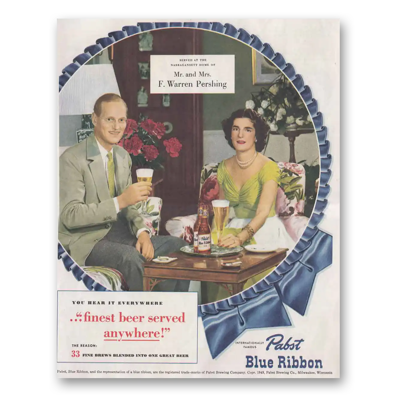 1949 Pabst Blue Ribbon Beer F Warren Pershing Vintage Magazine Print Ad