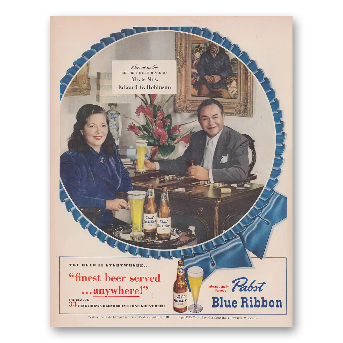 1949 Pabst Blue Ribbon Beer Mr and Mrs Edward G Robinson Vintage Magazine Print Ad