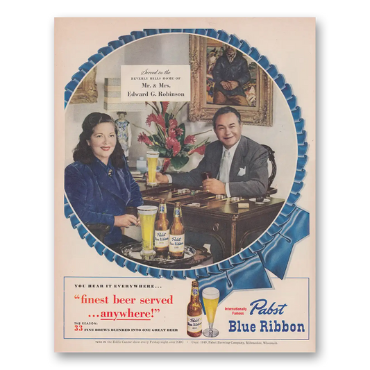 1949 Pabst Blue Ribbon Beer Mr and Mrs Edward G Robinson Vintage Magazine Print Ad