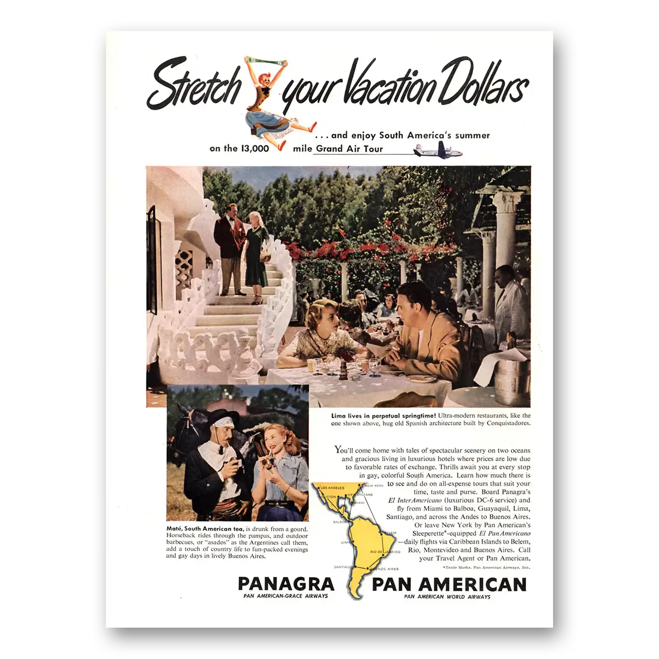 1949 Pan Am Stretch Your Vacation Dollars Vintage Magazine Print Ad