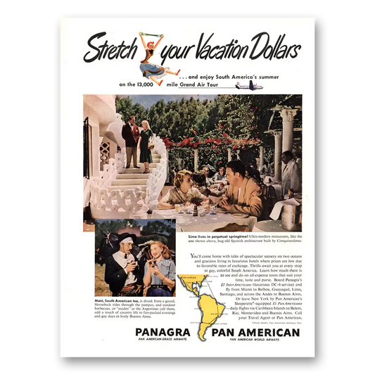 1949 Pan Am Stretch Your Vacation Dollars Vintage Magazine Print Ad