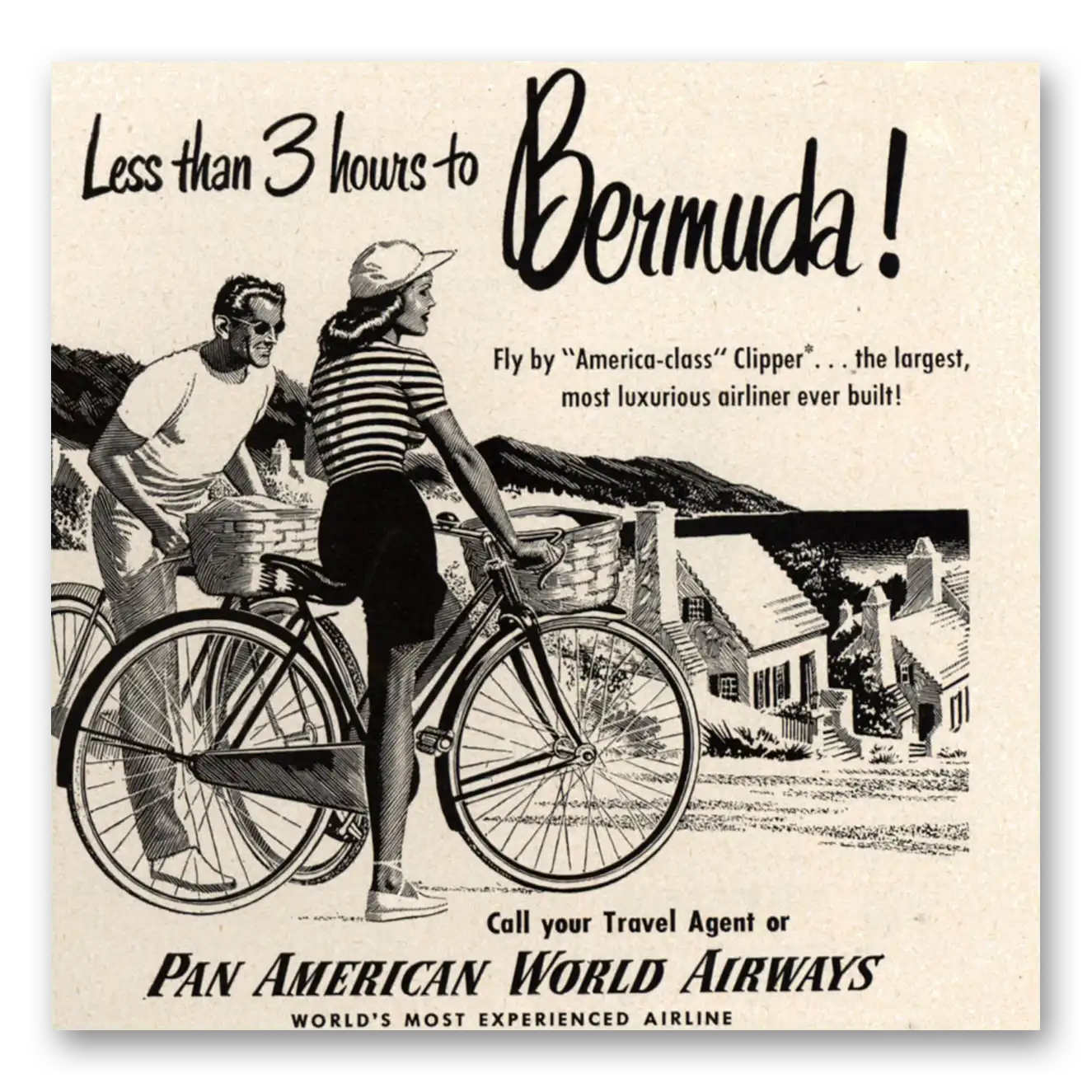 1949 Pan Am Less Than 3 Hours to Bermuda Vintage Magazine Print Ad