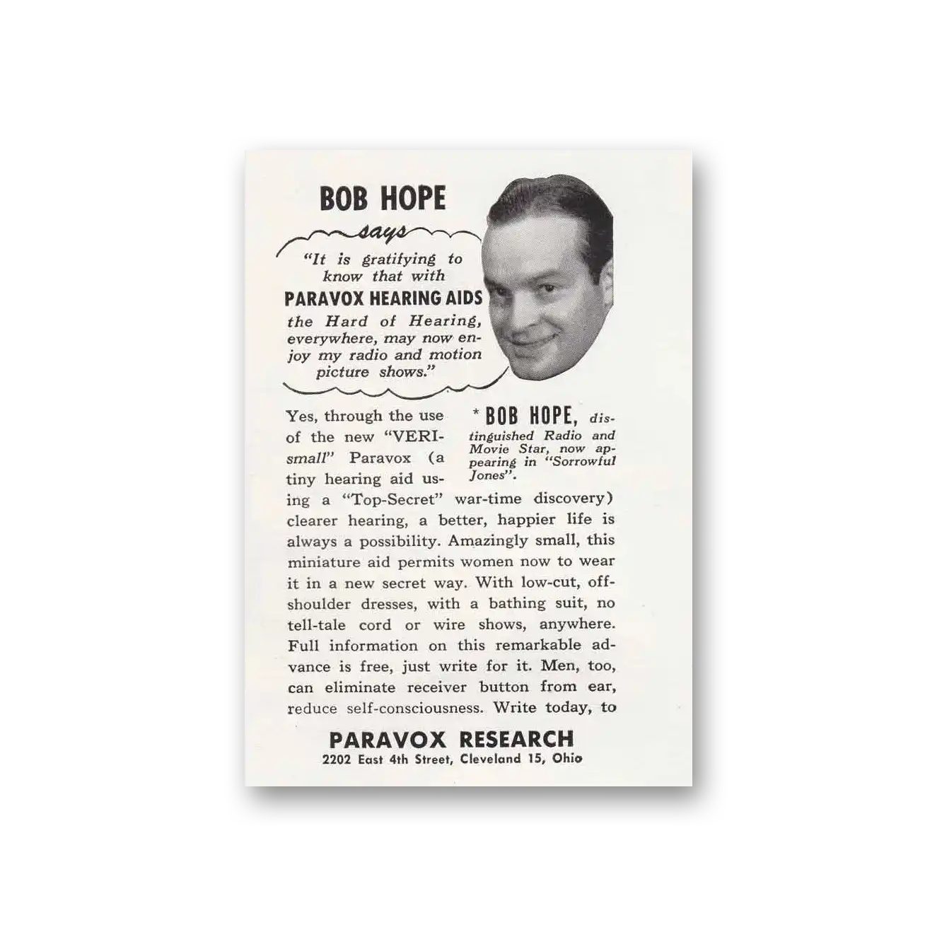 1949 Paravox Hearing Aid Bob Hope Vintage Magazine Print Ad