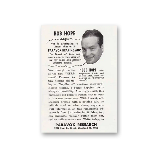 1949 Paravox Hearing Aid Bob Hope Vintage Magazine Print Ad