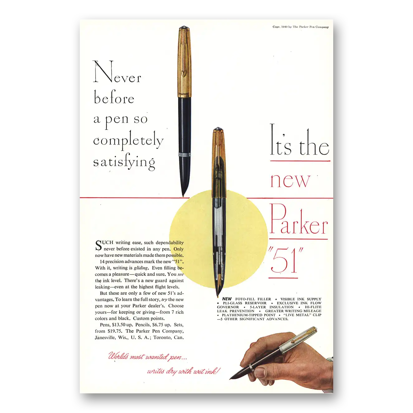 1949 Parker 51 Pen Unknown Vintage Magazine Print Ad