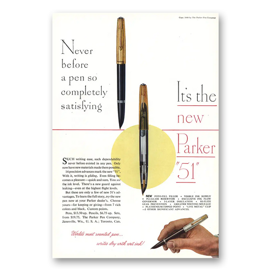 1949 Parker 51 Pen Unknown Vintage Magazine Print Ad