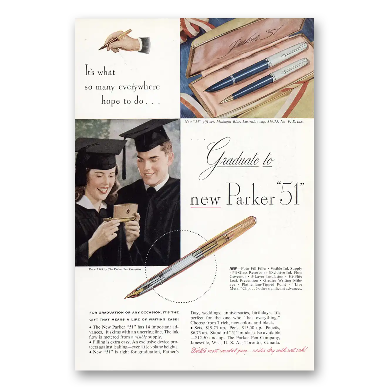 1949 Parker 51 Pen Graduate to New Parker 51 Vintage Magazine Print Ad