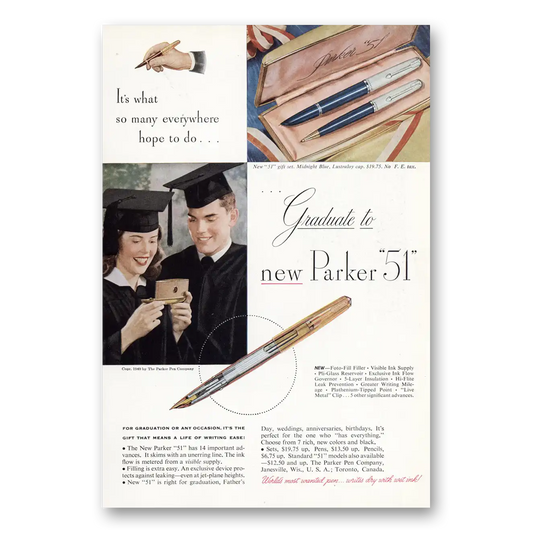 1949 Parker 51 Pen Graduate to New Parker 51 Vintage Magazine Print Ad