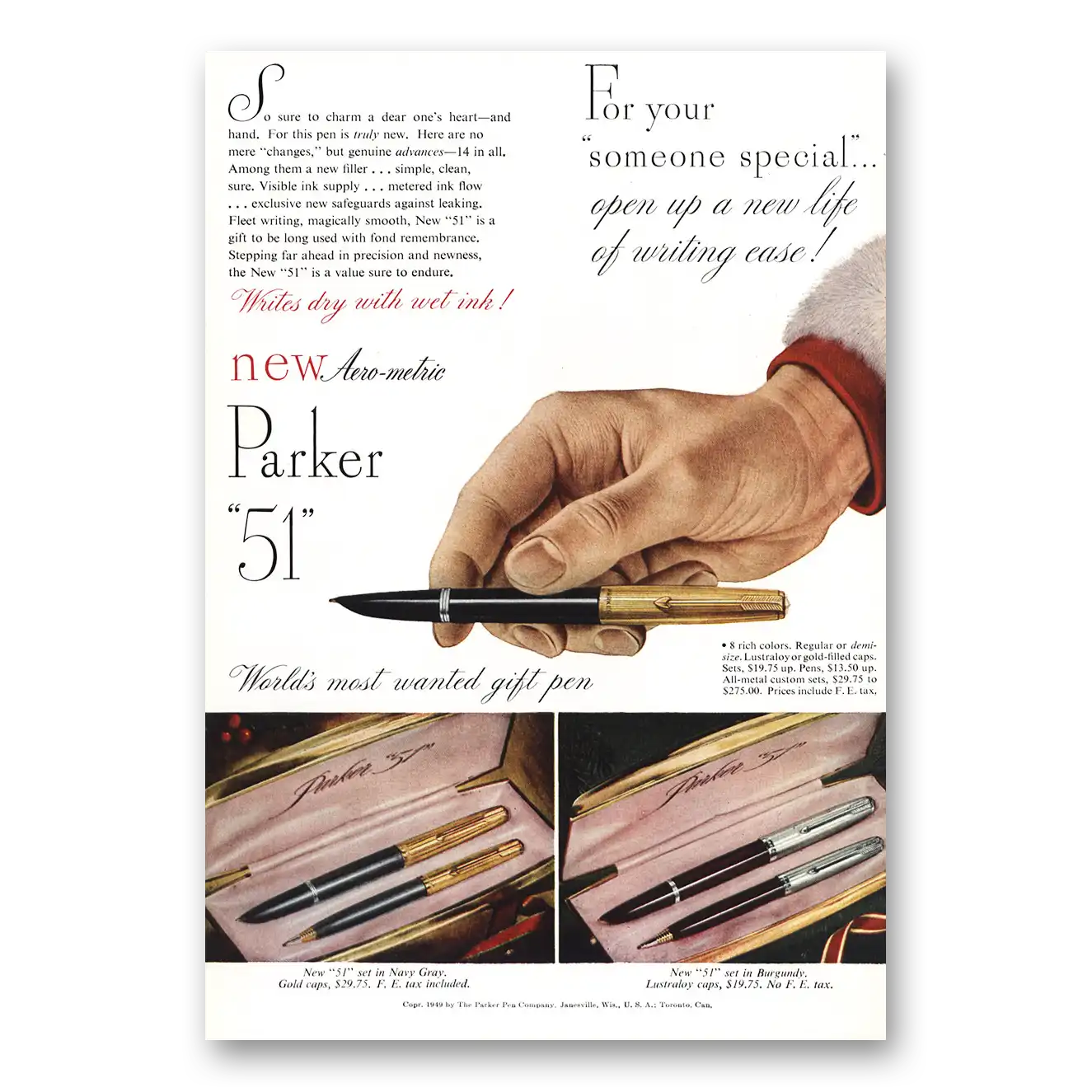 1949 Parker 51 Pen Writes Dry with Wet Ink Vintage Magazine Print Ad