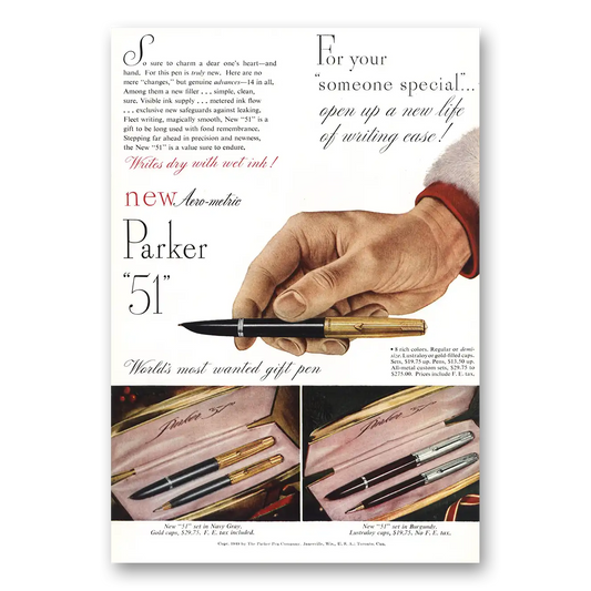 1949 Parker 51 Pen Writes Dry with Wet Ink Vintage Magazine Print Ad