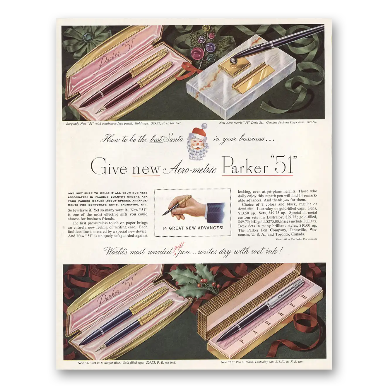 1949 Parker 51 Pen Aero Metric Pen Be the Best Santa Vintage Magazine Print Ad