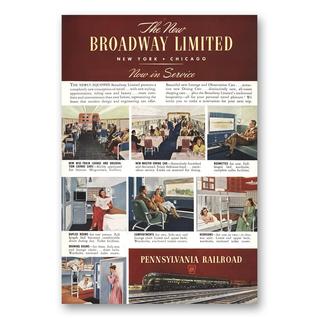 1949 Pennsylvania Railroad Broadway Limited Vintage Magazine Print Ad