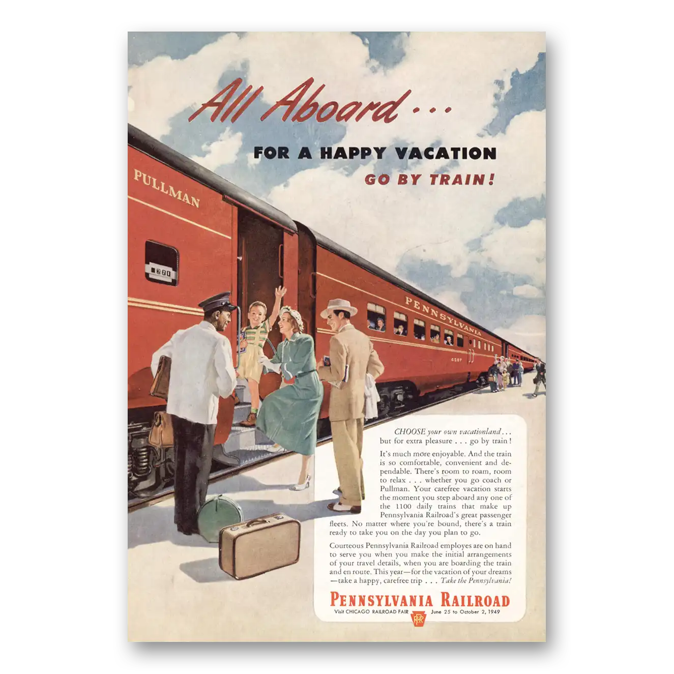 1949 Pennsylvania Railroad All Aboard Happy Vacation Vintage Magazine Print Ad