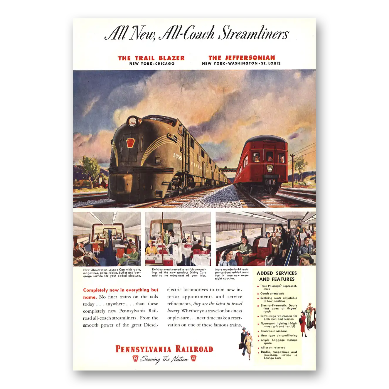 1949 Pennsylvania Railroad All New All Coach Streamliner Vintage Magazine Print Ad