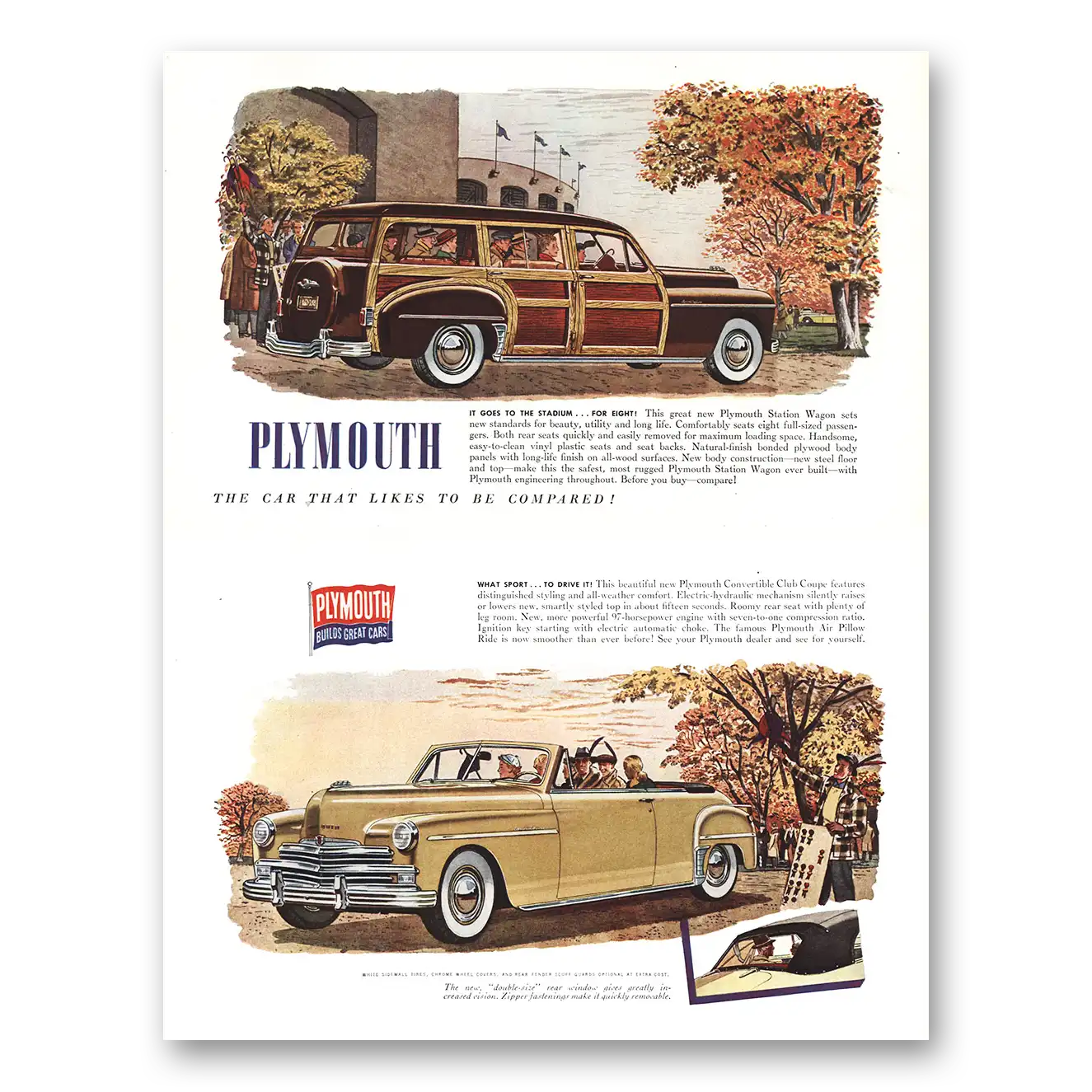 1949 Plymouth Station Wagon Goes to the Stadium Vintage Magazine Print Ad