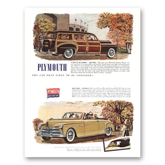 1949 Plymouth Station Wagon Goes to the Stadium Vintage Magazine Print Ad