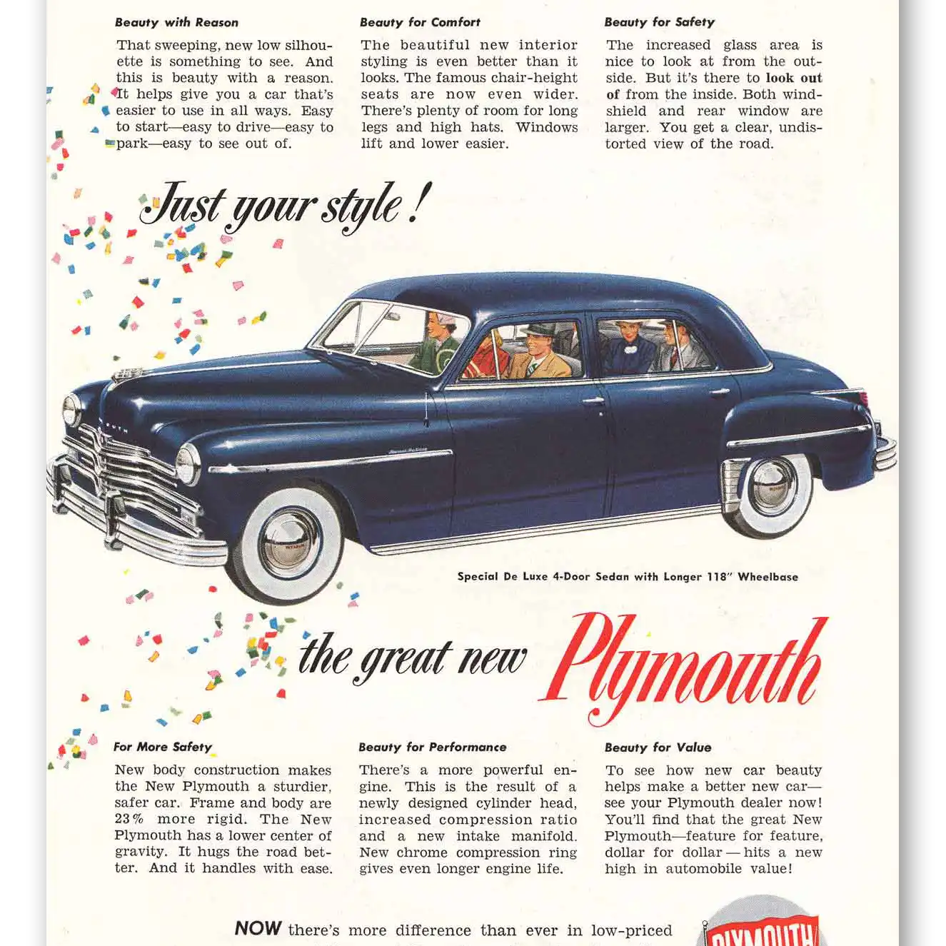 1949 Plymouth Sedan Special De Luxe 4 Door Sedan Distinctive Styling Vintage Magazine Print Ad